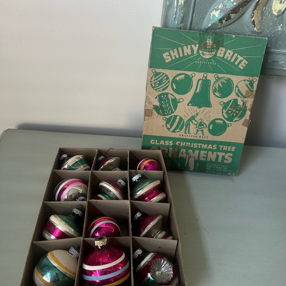 Vintage shiny brite glass ornaments with box stripes tops lantern - Picture 1 of 16